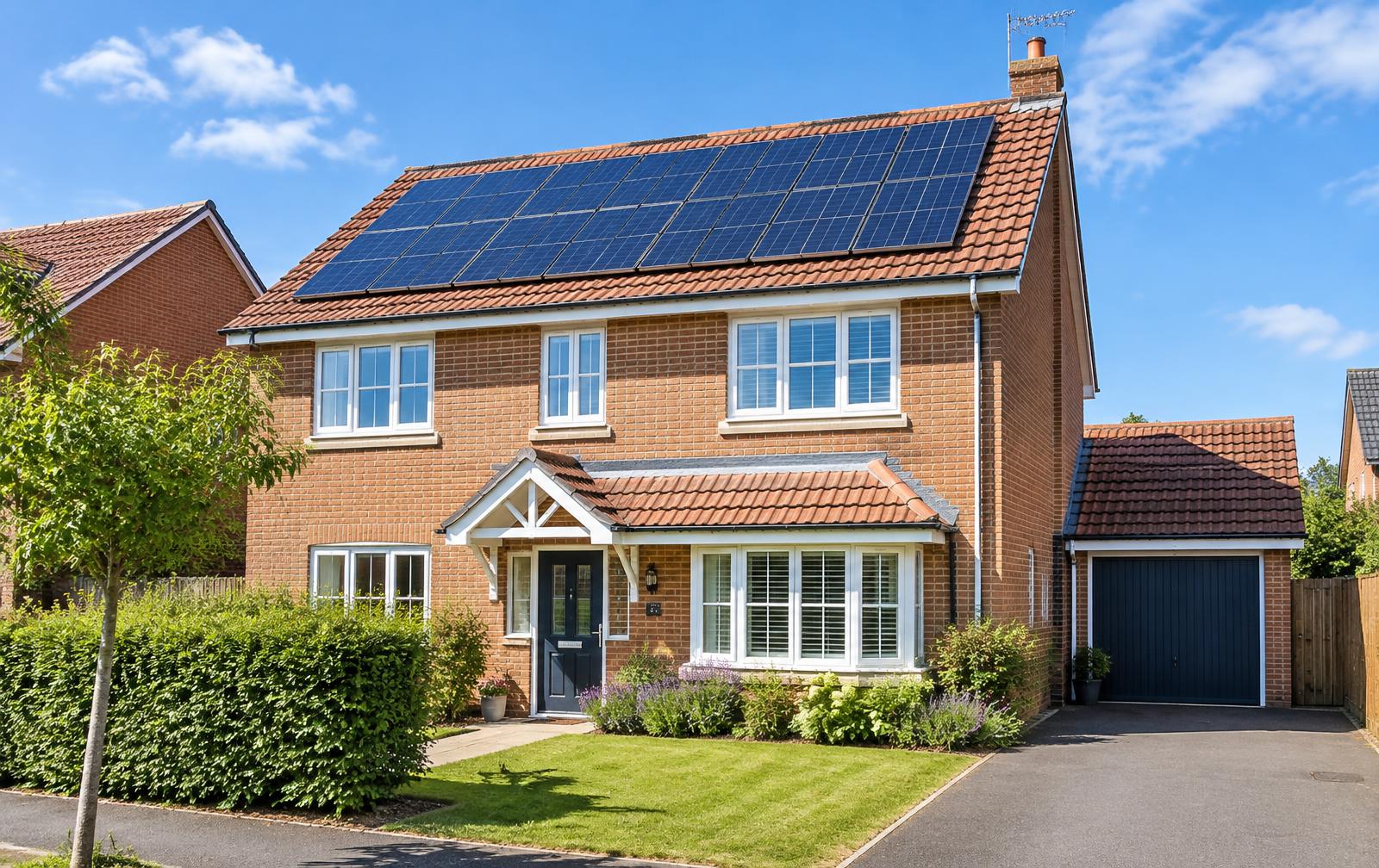 Brick house with a red tiled roof fitted with solar panels